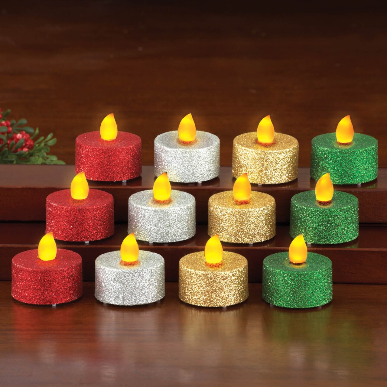 Collections Etc LED Multi Color Glitter Holiday Tealights - Set of 12
